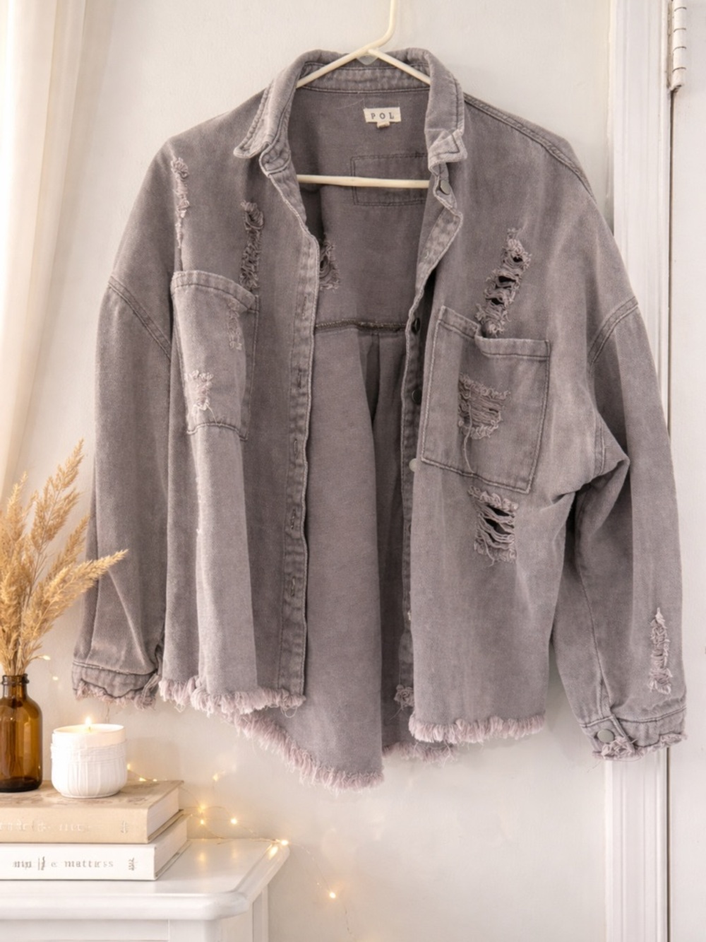 POL Distressed Jean Shacket in Faded Gray/Purple